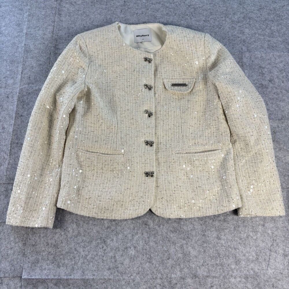WhyBerry Sweetheart Killer Tweed Jacket Womens M Sequin Bow Buttons Ivory